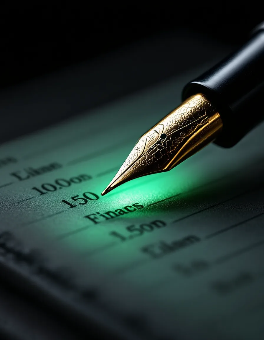 A fountain pen resting on a financial ledger
